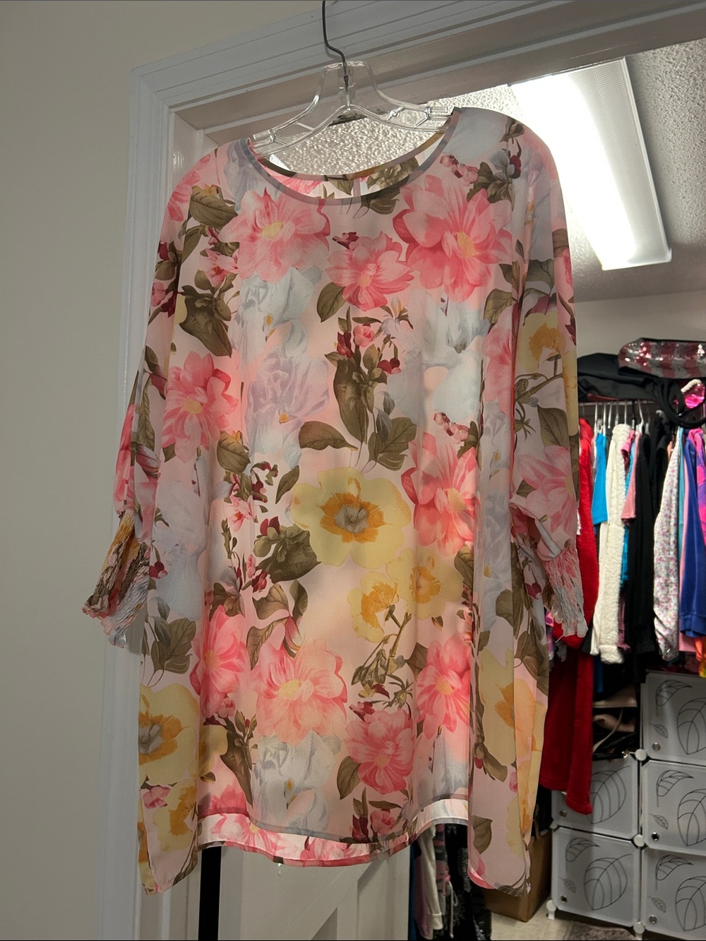 Women's Floral Polyester Top  - Pink & Yellow — GENTLY USED!